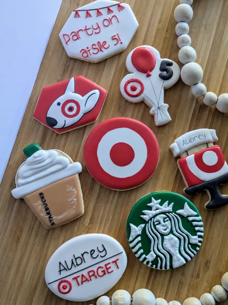 Custom branded party cookies with bullseye logos and coffee cups